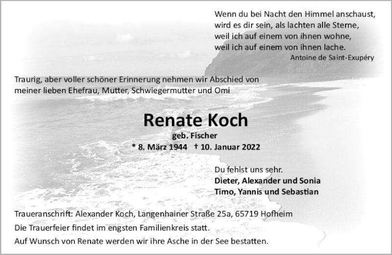  Traueranzeige für Renate Koch vom 22.01.2022 aus vrm-trauer Wiesbadener Kurier
