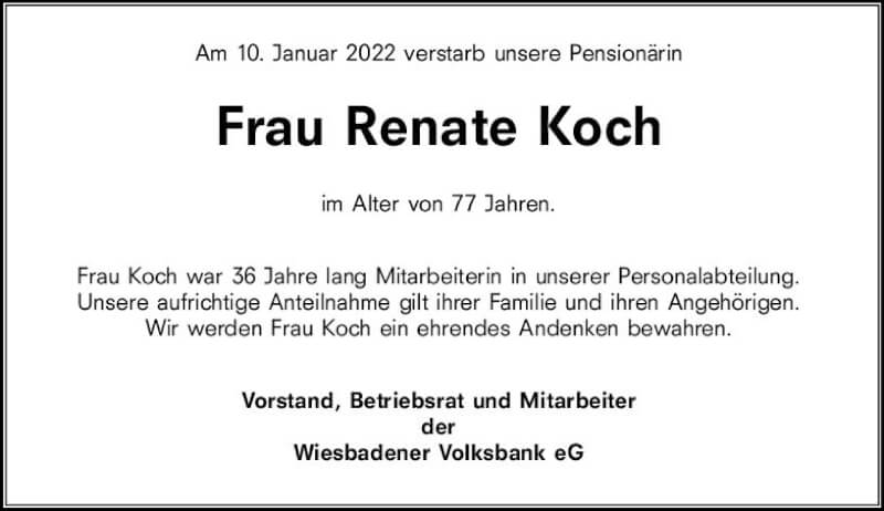  Traueranzeige für Renate Koch vom 22.01.2022 aus vrm-trauer Wiesbadener Kurier