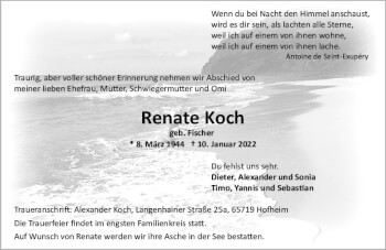 Traueranzeige von Renate Koch von vrm-trauer Wiesbadener Kurier