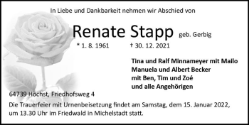 Traueranzeige von Renate Stapp von vrm-trauer Odenwälder Echo