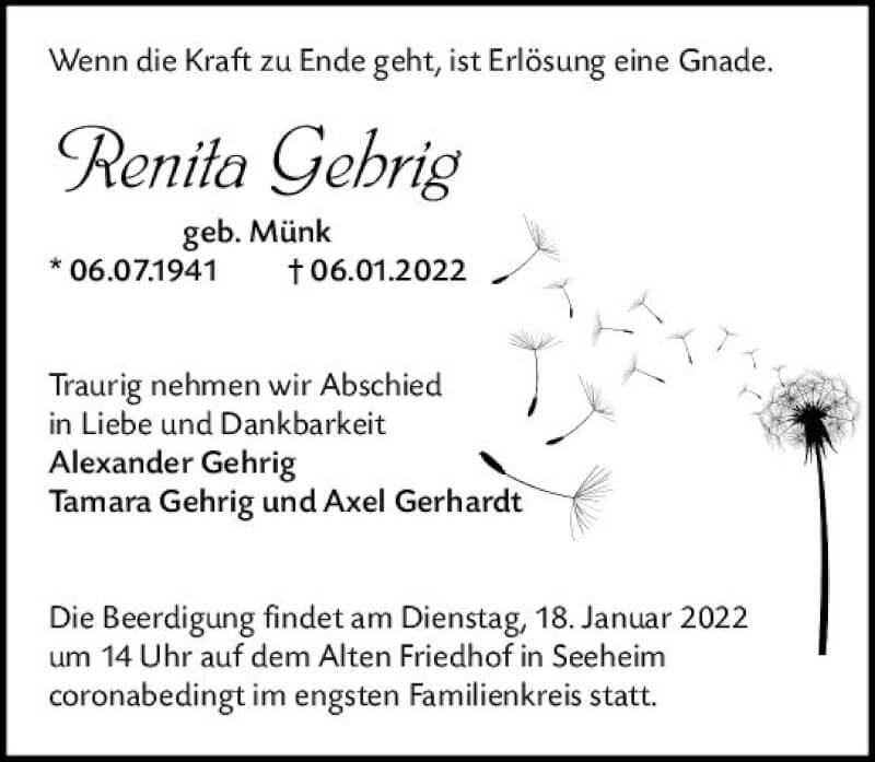  Traueranzeige für Renita Gehrig vom 15.01.2022 aus vrm-trauer Darmstädter Echo