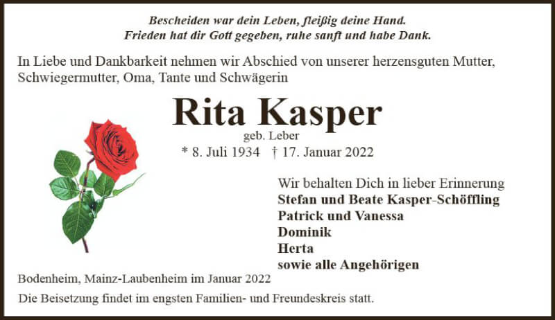  Traueranzeige für Rita Kasper vom 22.01.2022 aus vrm-trauer AZ Mainz
