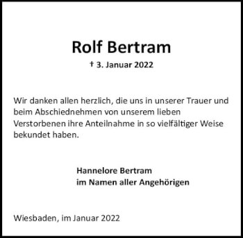 Traueranzeige von Rolf Bertram von vrm-trauer Wiesbadener Kurier