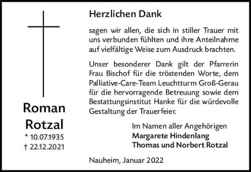  Traueranzeige für Roman Rotzal vom 29.01.2022 aus vrm-trauer Groß-Gerauer Echo