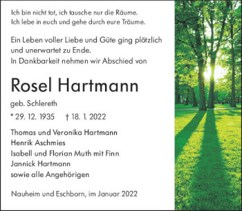 Traueranzeige von Rosel Hartmann von vrm-trauer Rüsselsheimer Echo / MainSpitze