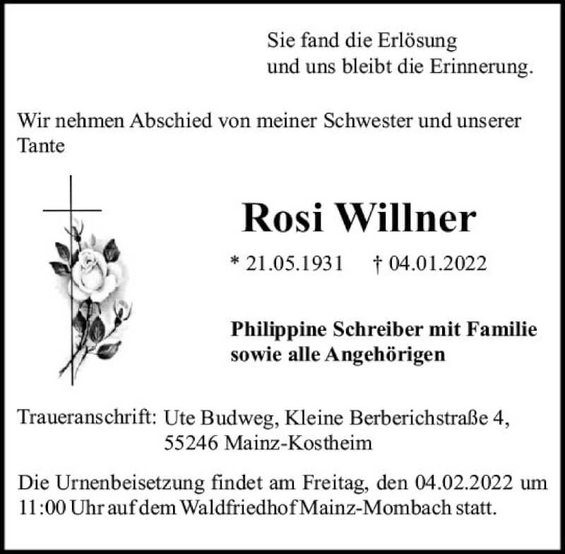  Traueranzeige für Rosi Willner vom 29.01.2022 aus vrm-trauer AZ Mainz