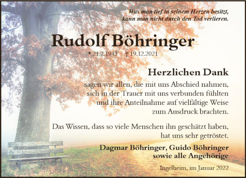  Traueranzeige für Rudolf Böhringer vom 29.01.2022 aus vrm-trauer Allgemeine  Zeitung Ingelheim-Bingen