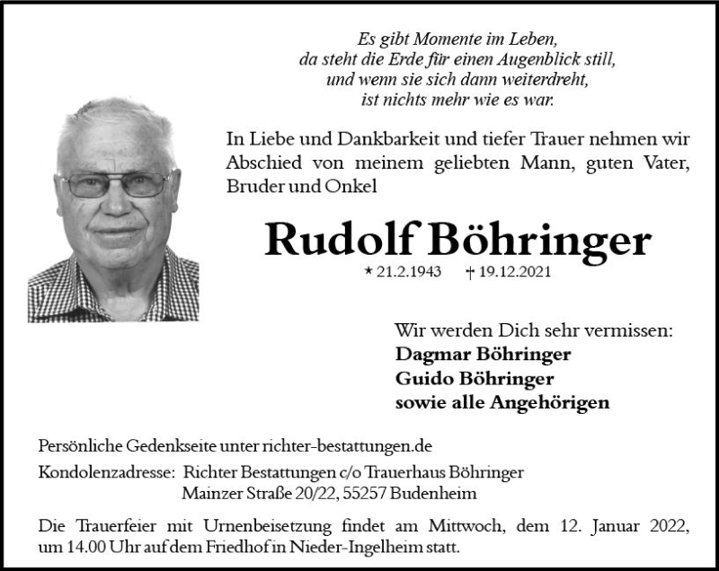  Traueranzeige für Rudolf Böhringer vom 08.01.2022 aus vrm-trauer Allgemeine  Zeitung Ingelheim-Bingen