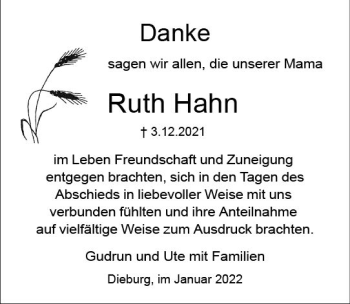 Traueranzeige von Ruth Hahn von vrm-trauer DieburgerAnzeiger/Groß-Zimmerner Lokala
