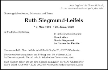 Traueranzeige von Ruth Siegmund-Leifels von vrm-trauer Wiesbadener Kurier