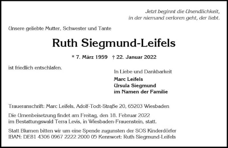  Traueranzeige für Ruth Siegmund-Leifels vom 29.01.2022 aus vrm-trauer Wiesbadener Kurier