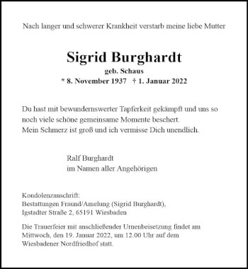 Traueranzeige von Sigrid Burghardt von vrm-trauer Wiesbadener Kurier
