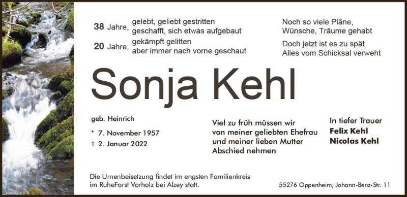  Traueranzeige für Sonja Kehl vom 08.01.2022 aus vrm-trauer AZ Mainz