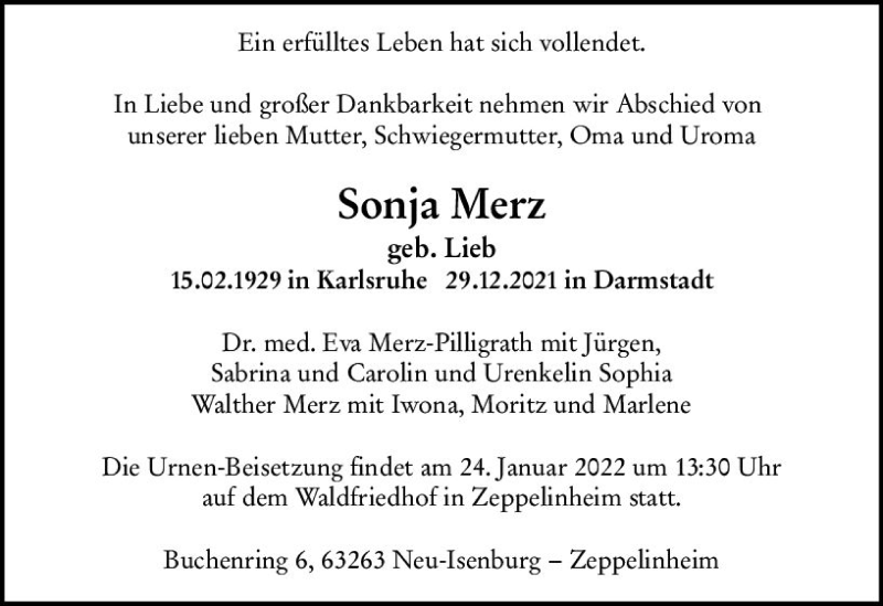  Traueranzeige für Sonja Merz vom 08.01.2022 aus vrm-trauer Darmstädter Echo