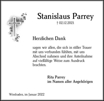Traueranzeige von Stanislaus Parrey von vrm-trauer Wiesbadener Kurier