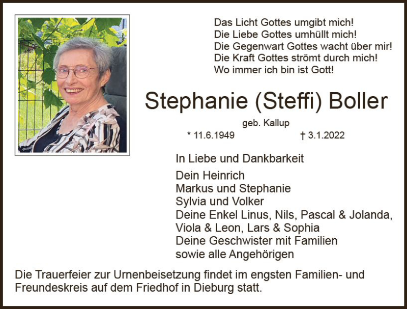  Traueranzeige für Stephanie Boller vom 11.01.2022 aus vrm-trauer DieburgerAnzeiger/Groß-Zimmerner Lokala