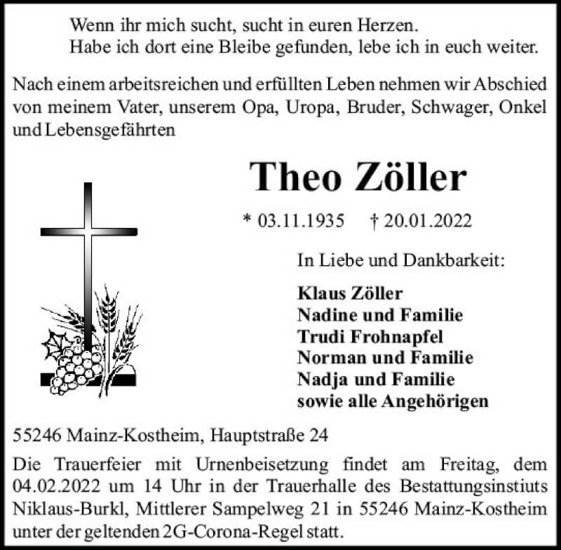  Traueranzeige für Theo Zöller vom 29.01.2022 aus vrm-trauer AZ Mainz