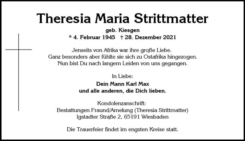  Traueranzeige für Theresia Maria Strittmatter vom 08.01.2022 aus vrm-trauer Wiesbadener Kurier