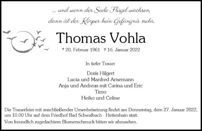  Traueranzeige für Thomas Vohla vom 22.01.2022 aus vrm-trauer Wiesbadener Kurier