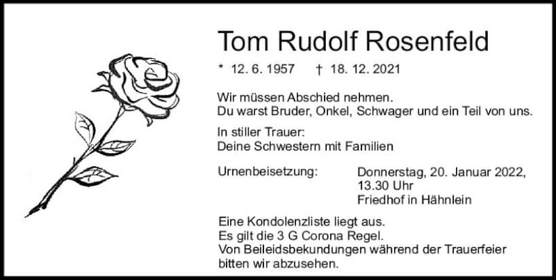  Traueranzeige für Tom Rudolf Rosenfeld vom 15.01.2022 aus vrm-trauer Darmstädter Echo