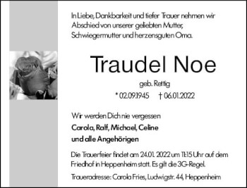Traueranzeige von Traudel Noe von vrm-trauer Bürstädter/Lamperth. Ztg/Starkenburger