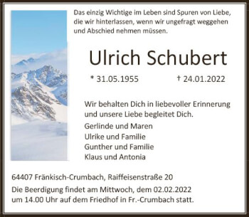 Traueranzeige von Ulrich Schubert von vrm-trauer Odenwälder Echo