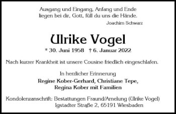 Traueranzeige von Ulrike Vogel von vrm-trauer Wiesbadener Kurier