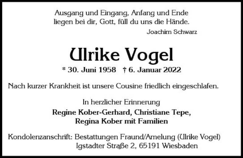  Traueranzeige für Ulrike Vogel vom 22.01.2022 aus vrm-trauer Wiesbadener Kurier