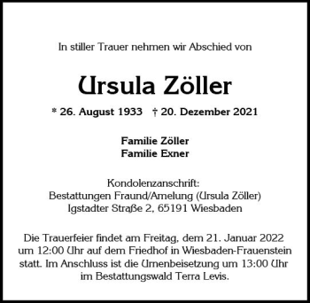 Traueranzeige von Ursula Zöller von vrm-trauer Wiesbadener Kurier