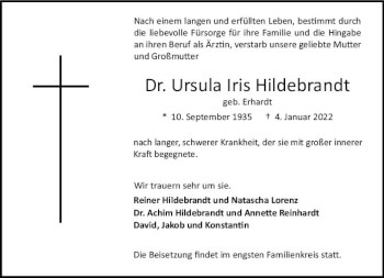 Traueranzeige von Ursula Iris Hildebrandt von vrm-trauer Darmstädter Echo