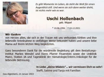 Traueranzeige von Uschi Hollenbach von vrm-trauer Allgemeine  Zeitung Ingelheim-Bingen