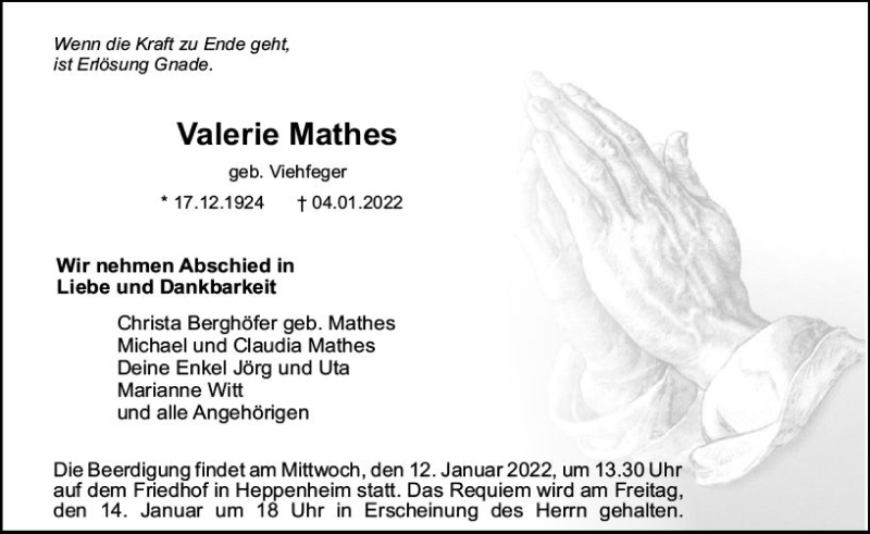  Traueranzeige für Valerie Mathes vom 08.01.2022 aus vrm-trauer Bürstädter/Lamperth. Ztg/Starkenburger