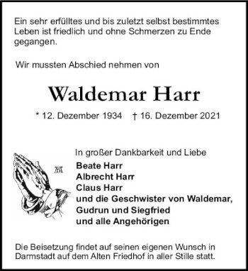Traueranzeige von Waldemar Harr von vrm-trauer Darmstädter Echo
