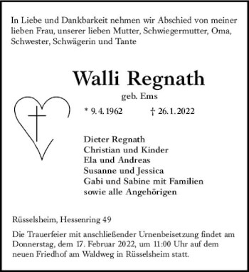 Traueranzeige von Walli Regnath von vrm-trauer Rüsselsheimer Echo / MainSpitze