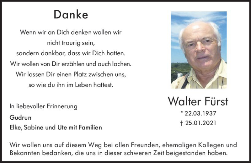  Traueranzeige für Walter Fürst vom 25.01.2022 aus vrm-trauer Allgemeine  Zeitung Ingelheim-Bingen
