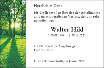 Traueranzeige von Walter Hild von vrm-trauer Odenwälder Echo