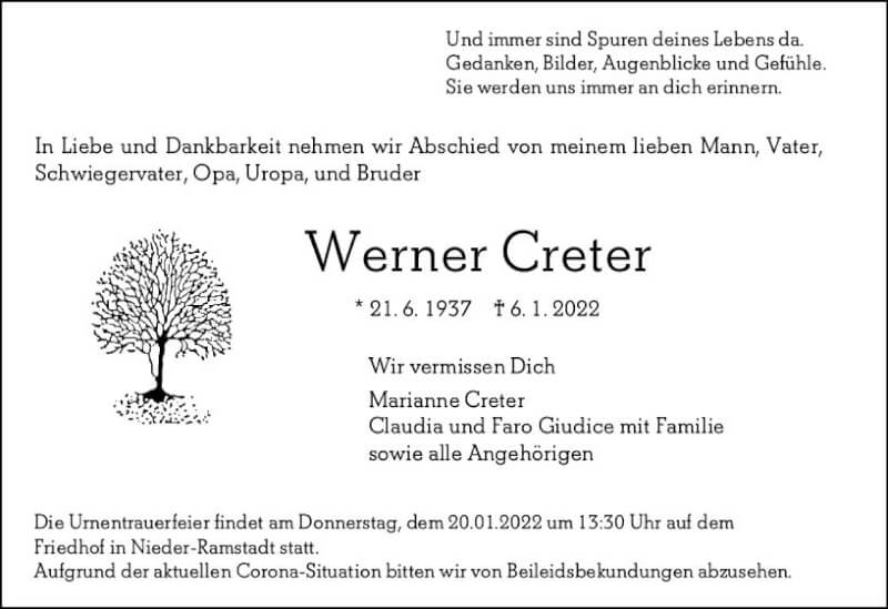  Traueranzeige für Werner Creter vom 15.01.2022 aus vrm-trauer Darmstädter Echo