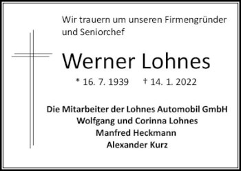 Traueranzeige von Werner Lohnes von vrm-trauer Odenwälder Echo