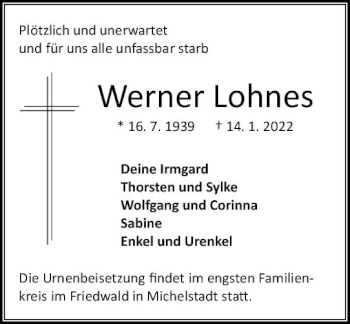 Traueranzeige von Werner Lohnes von vrm-trauer Odenwälder Echo