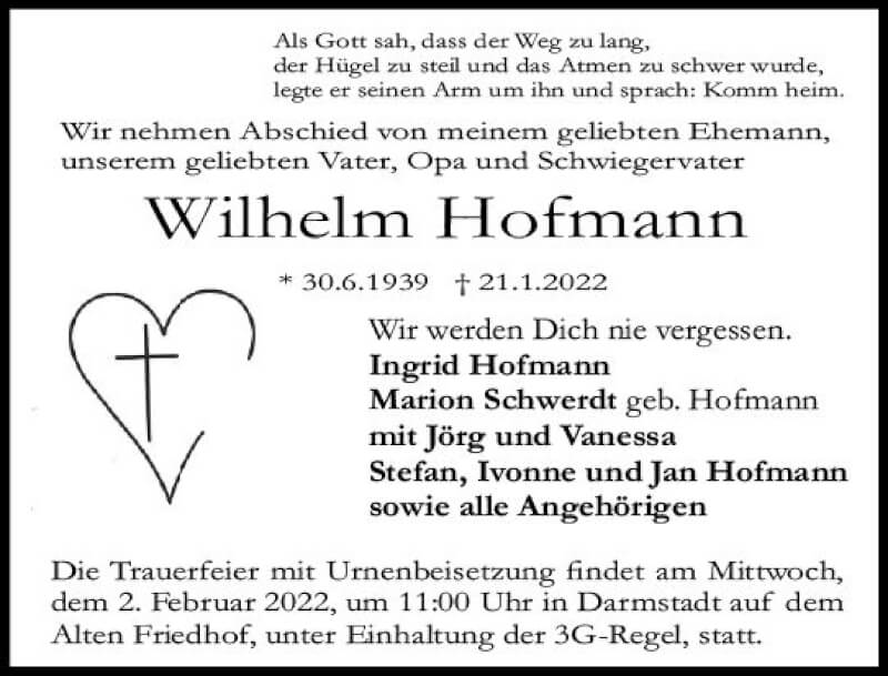  Traueranzeige für Wilhelm Hofmann vom 29.01.2022 aus vrm-trauer Darmstädter Echo