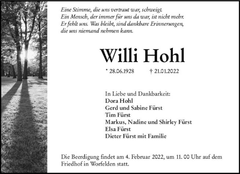  Traueranzeige für Willi Hohl vom 29.01.2022 aus vrm-trauer Groß-Gerauer Echo