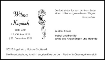 Traueranzeige von Wilma Kopisch von vrm-trauer Allgemeine  Zeitung Ingelheim-Bingen