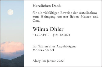 Traueranzeige von Wilma Ohler von vrm-trauer Allgemeine Zeitung Alzey