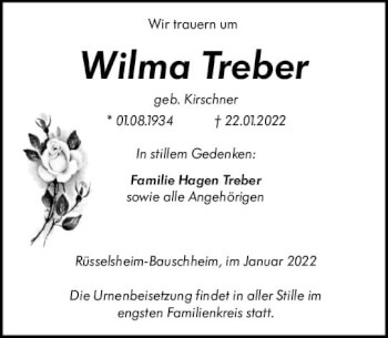 Traueranzeige von Wilma Treber von vrm-trauer Rüsselsheimer Echo / MainSpitze