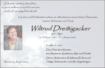 Traueranzeige von Wiltrud Dreißigacker von vrm-trauer Wormser Zeitung