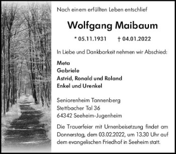 Traueranzeige von Wolfgang Maibaum von vrm-trauer Darmstädter Echo
