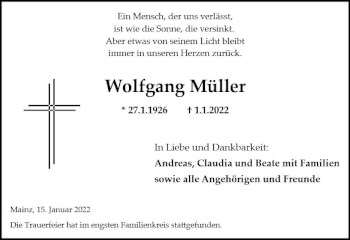 Traueranzeige von Wolfgang Müller von vrm-trauer AZ Mainz