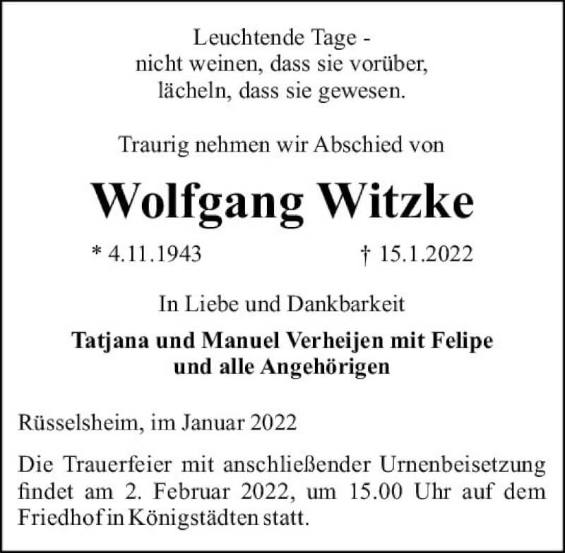  Traueranzeige für Wolfgang Witzke vom 22.01.2022 aus vrm-trauer Rüsselsheimer Echo / MainSpitze