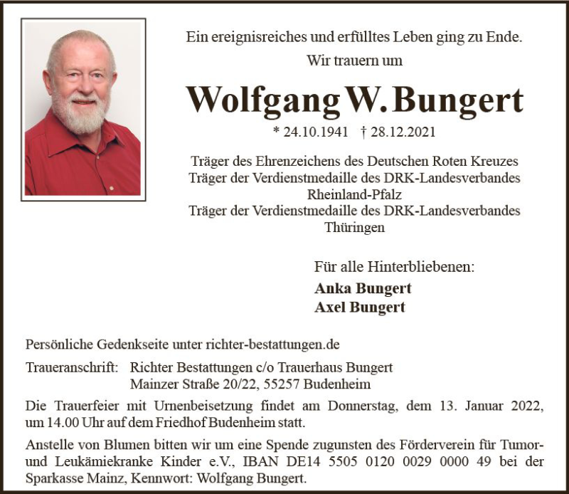  Traueranzeige für Wolfgang W. Bungert vom 08.01.2022 aus vrm-trauer AZ Mainz