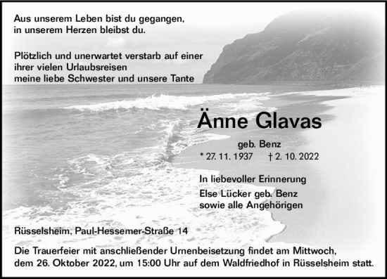 Traueranzeige von Änne Glavas von vrm-trauer Rüsselsheimer Echo / MainSpitze